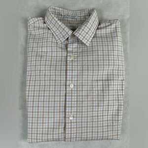 J Crew Shirt Men's Large Tan Blue Checks Button Long Sleeve Classic